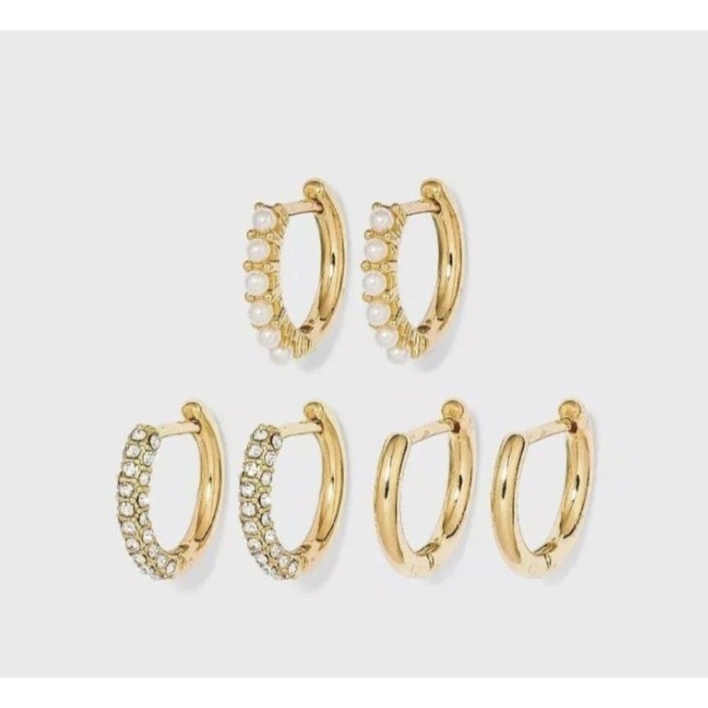 SUGARFIX by BaubleBar Crystal Gold and Pearl Hoop Earring 3-pc. Set NEW